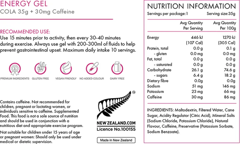 PEAKFUEL Cola 35g Energy Gels + 30mg caffeine Box of 5-2