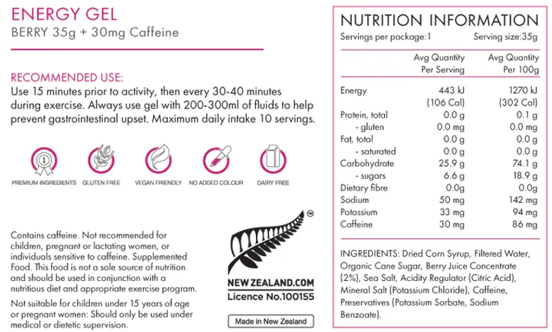PEAKFUEL Berry 35g Energy Gels + 30mg caffeine Box of 5-2